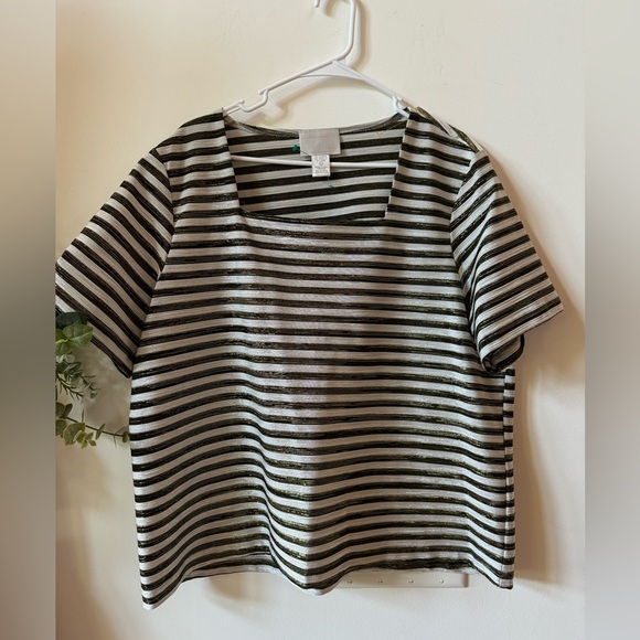 Lafayette 148 New York Tops - Vue Point Vintage 1990s Black & Silver/Gold metallic Stripe Square Neck Top 2XL
